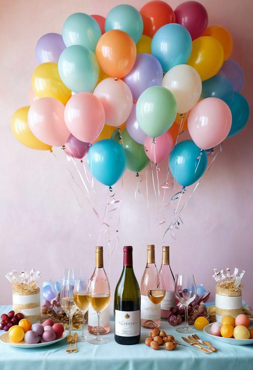 A beautifully arranged table with an array of unique wine gifts, including personalized bottles, elegant wine glasses, and charming decorations for birthday celebrations and baby showers. Delicate pastels and vibrant colors create a festive atmosphere, with soft lighting to illuminate the scene. A backdrop of balloons and playful baby items enhances the parenting theme. super-realistic. vibrant colors. bright and inviting atmosphere.