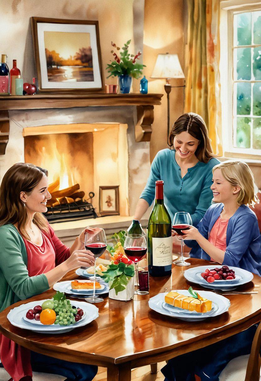 A warm and inviting scene of a cozy living room filled with family joy, showcasing a beautifully arranged table with various wine gifts and stylish wine glasses, surrounded by laughter and affection among parents and children. Soft lighting with a hint of playful colors to evoke happiness and warmth, while subtle wine bottle decorations enhance the parenthood theme. watercolor painting. vibrant colors. warm ambiance.